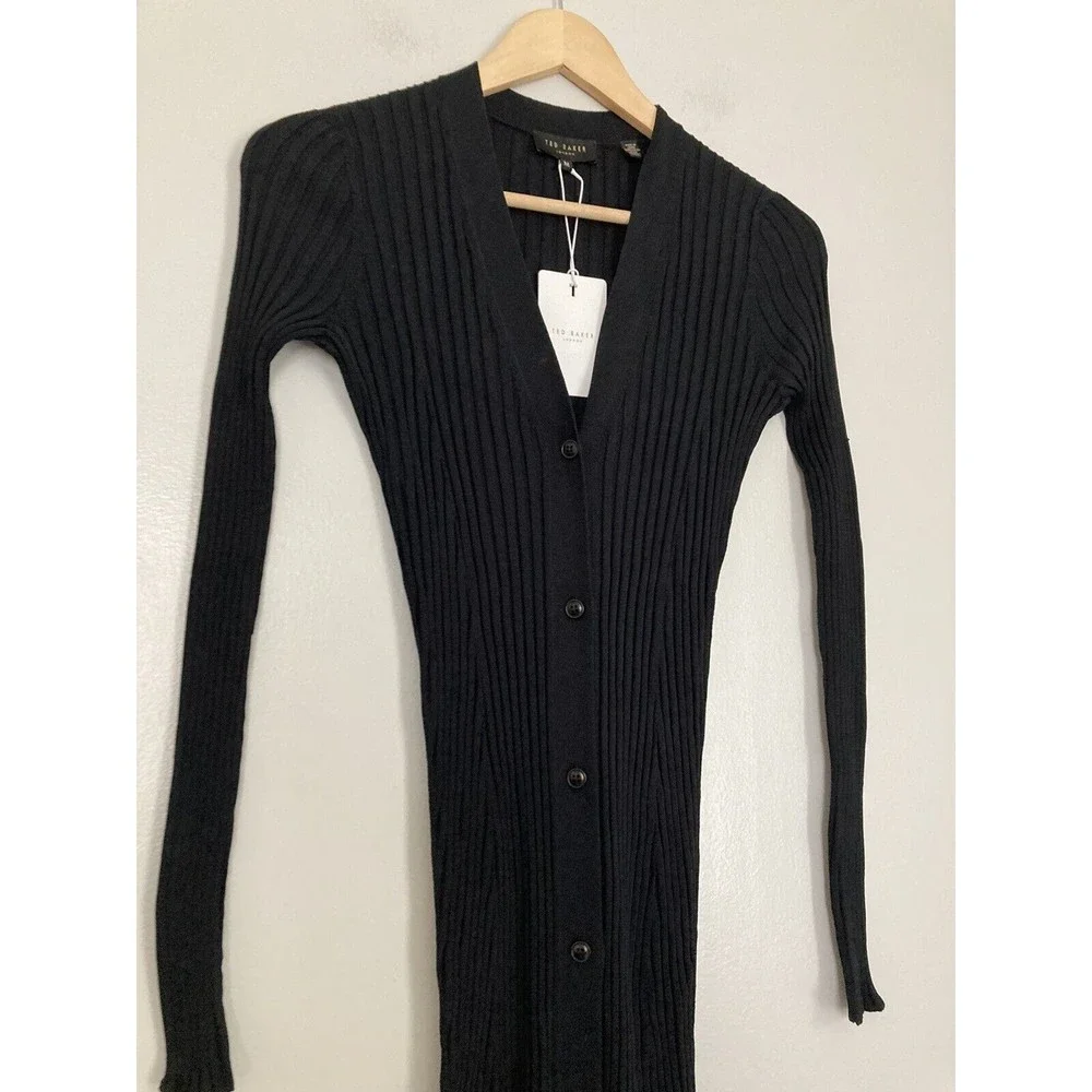 NEW Ted Baker Nardaa Longline Cardigan Dress Ribbed MEDIUM Black Viscose - Picture 6 of 16